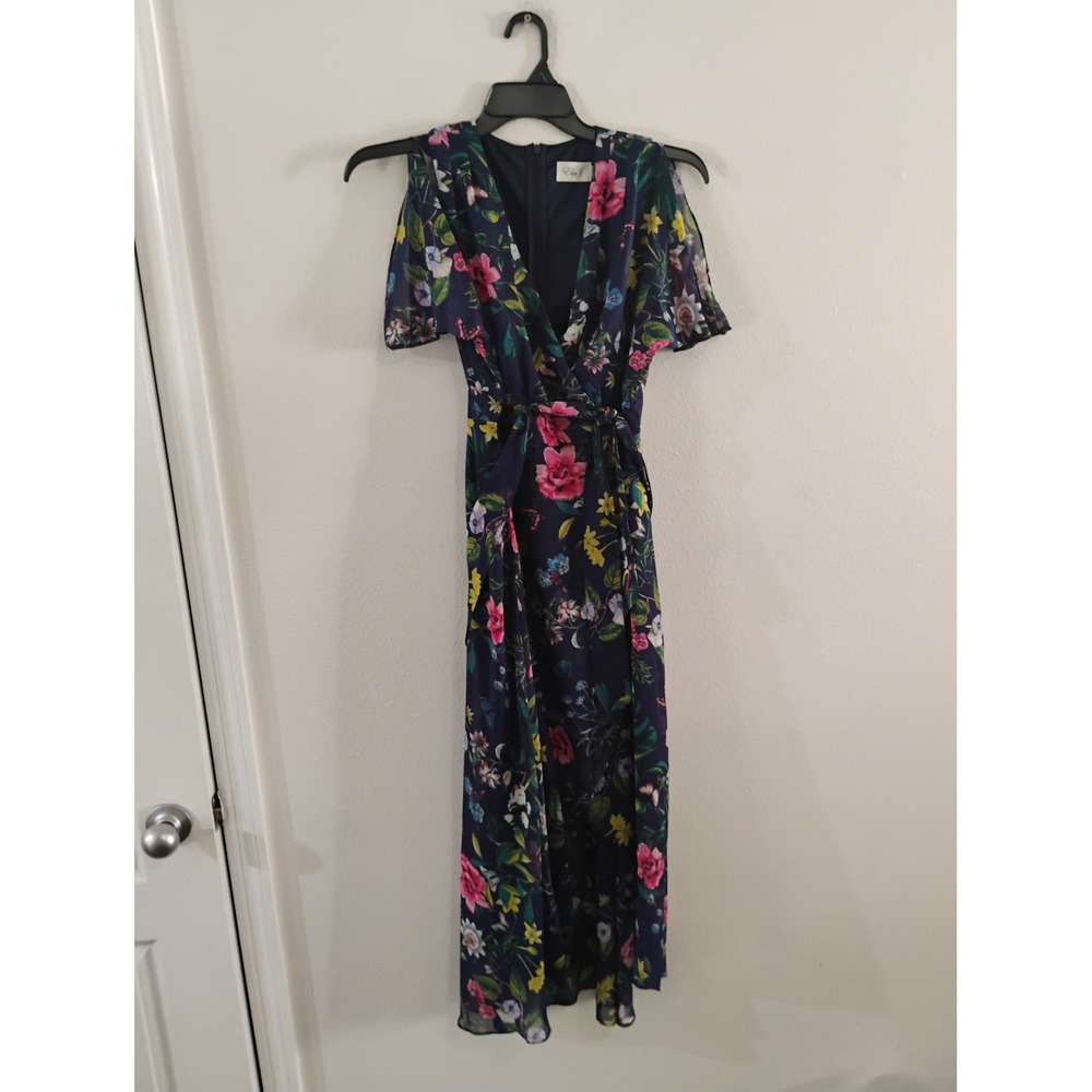 Eliza J Navy Blue Floral Cold Shoulder Maxi Dress Size 6 Wrap Front High Low Hem